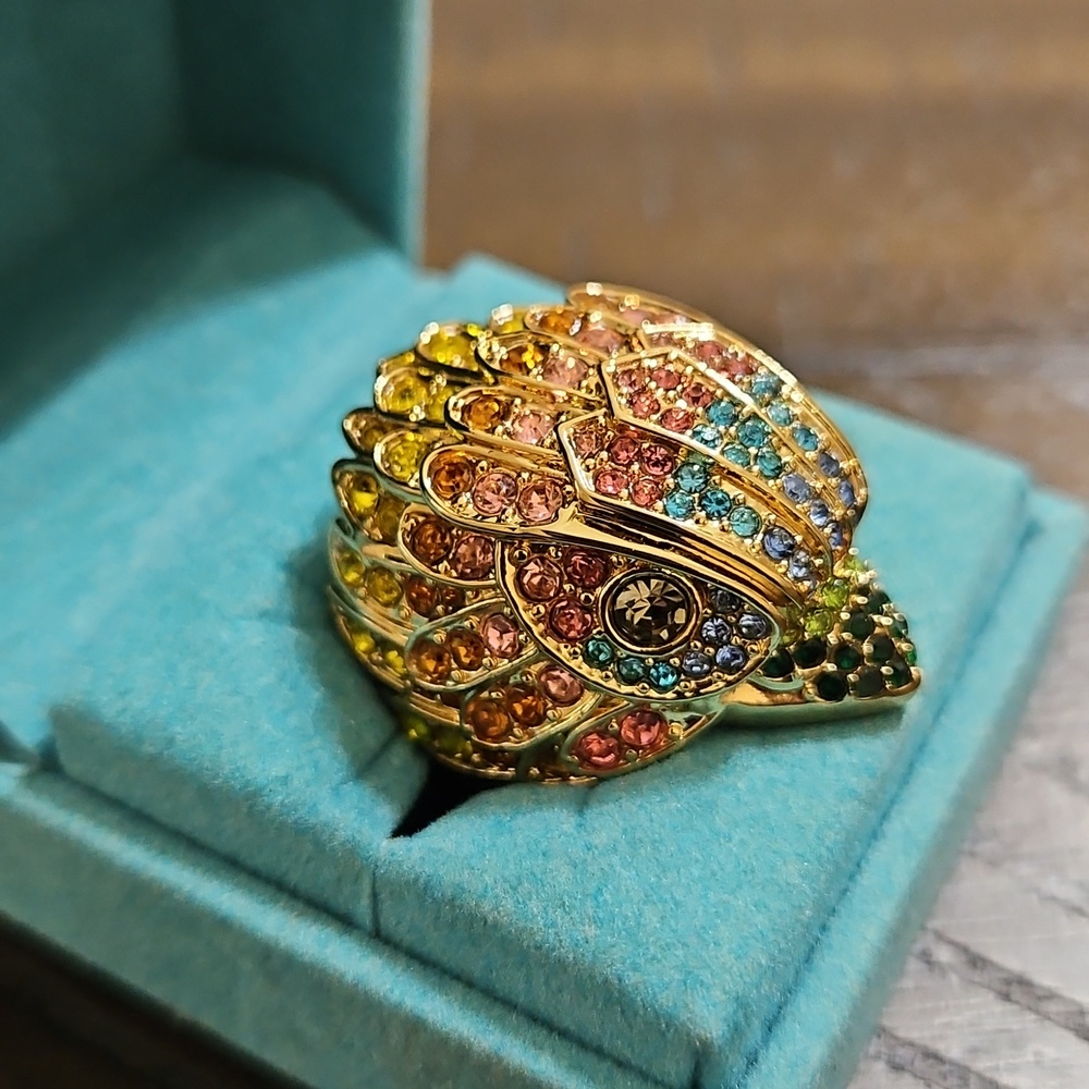 NWOT Size 9 Kurt Geiger Gold-Tone Multicolor Crystal Peacock Ring - Picture 2 of 5